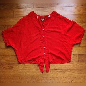 Sz 1X red tie up  button down short sleeve oversize flowy lightweight blouse